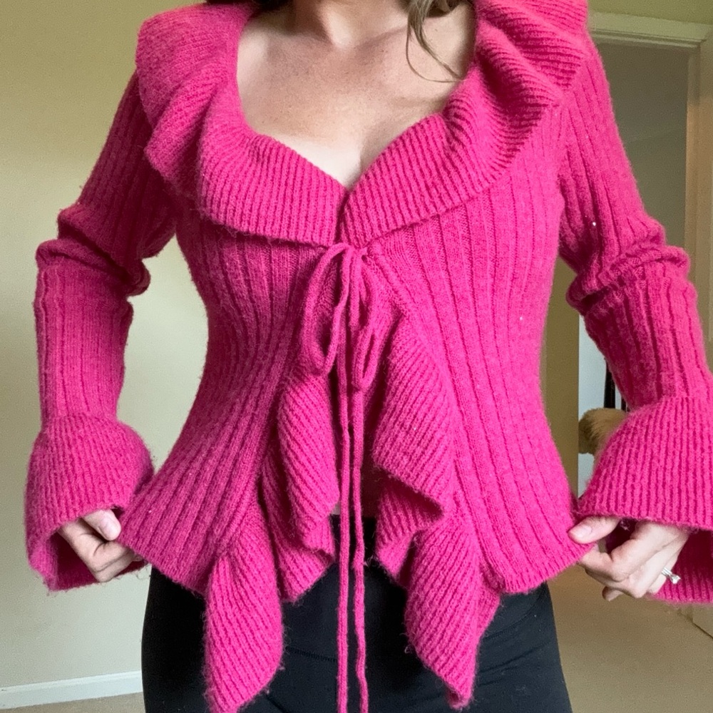 Vici Pink Ruffled Tie Front Sweater - Picture 2 of 8